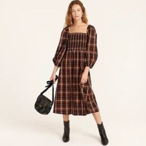 J.Crew Smocked Bodice Brown Plaid Tartan Dress - size small